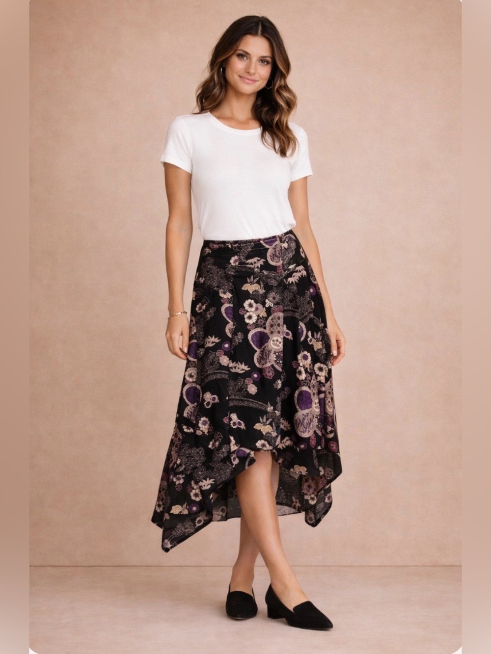 Mixit Black Purple Floral Asymmetrical Midi Skirt Satin Hanky Hem Size 4